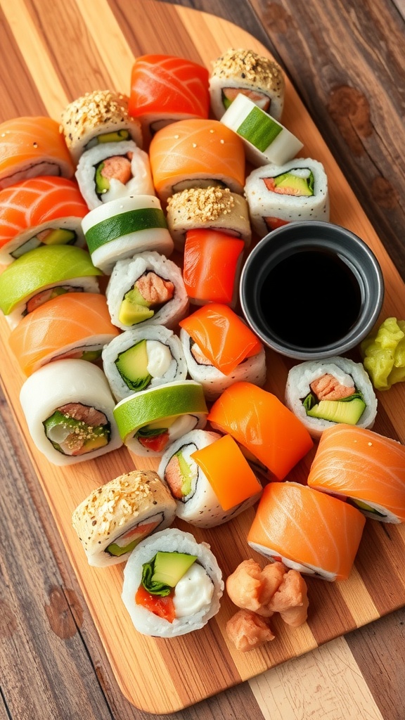 Colorful assortment of homemade sushi rolls with fish, vegetables, and avocado on a wooden platter, accompanied by soy sauce and wasabi.